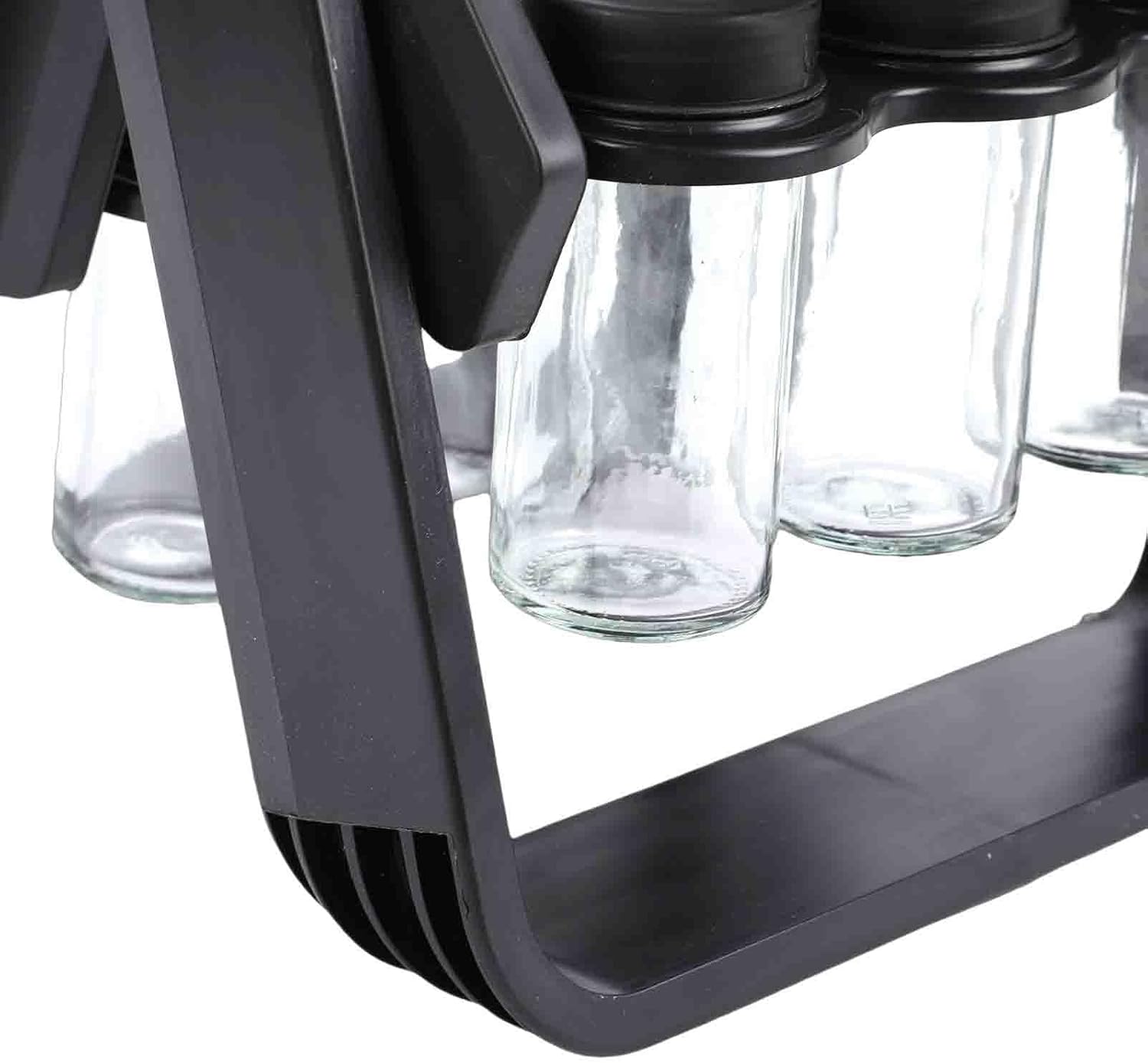 Rotating Condiment Rack Organizer, 18 Jar Glass Condiment Carousel Revolving Rack with Labels and Collapsible Funnel for Kitchen Countertop