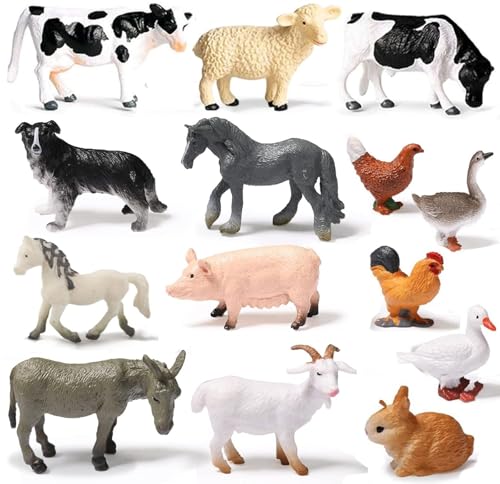 Aelmiyw - Ensemble de 14 figurines d'animaux de ferme, jouet éducatif en plastique pour enfants, mini figurines d'animaux de ferme pour fêtes, ensemble de...