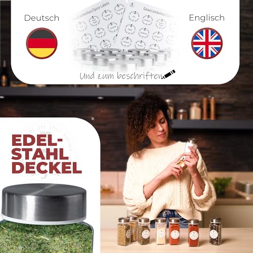 Foto von Jarlie EDELSTAHLDECKEL Gewürzgläser Eckig mit Streueinsatz, 24er Gewürze Set 120ml Gewürz Organizer - Spice Jars, Luftdichte Gewürzdosen - Gewürzstreuer mit Gewürzetiketten, Trichter & Bürste