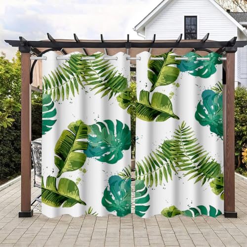 Treer Tenda da Esterno Impermeabile con Occhielli 2 Pezzi, Foglie Tropicali Tende per Gazebo Balcone Esterno Oscurante,Tende per Esterni con Anelli (W137x L304cm,Foglie di banano)