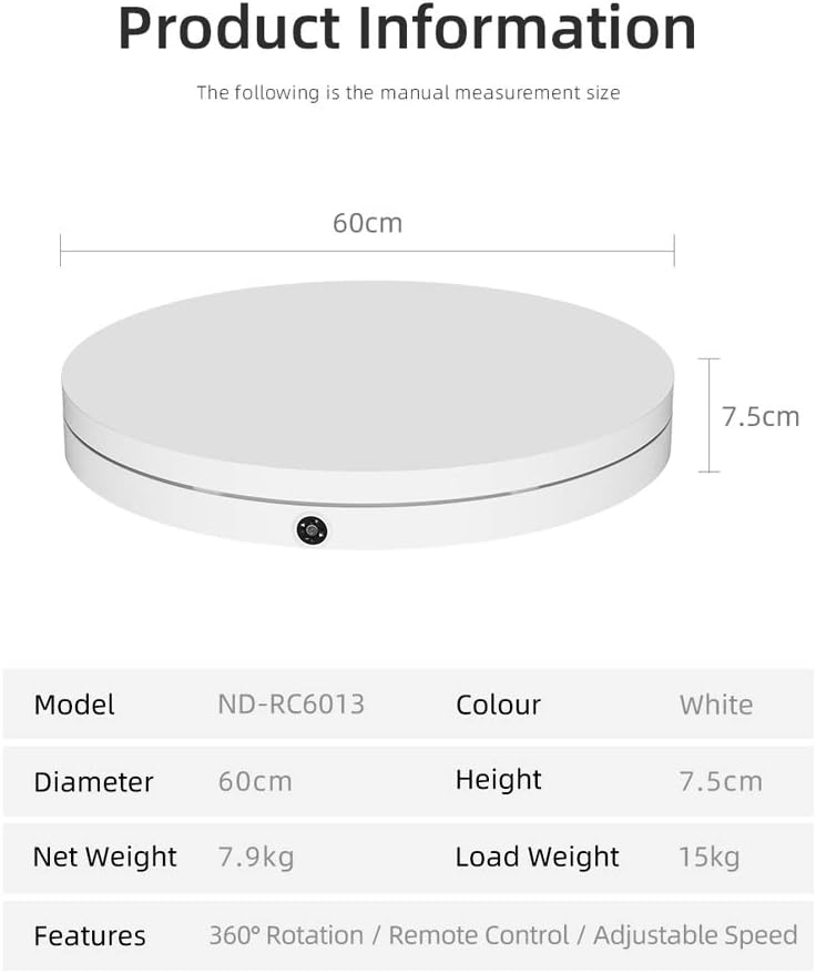 OPENCLOUD White 60cm 360 Degree 3D Remote Control Adjustable Speed Direction Electric Rotating Shooting Table for Photography Load 110kg