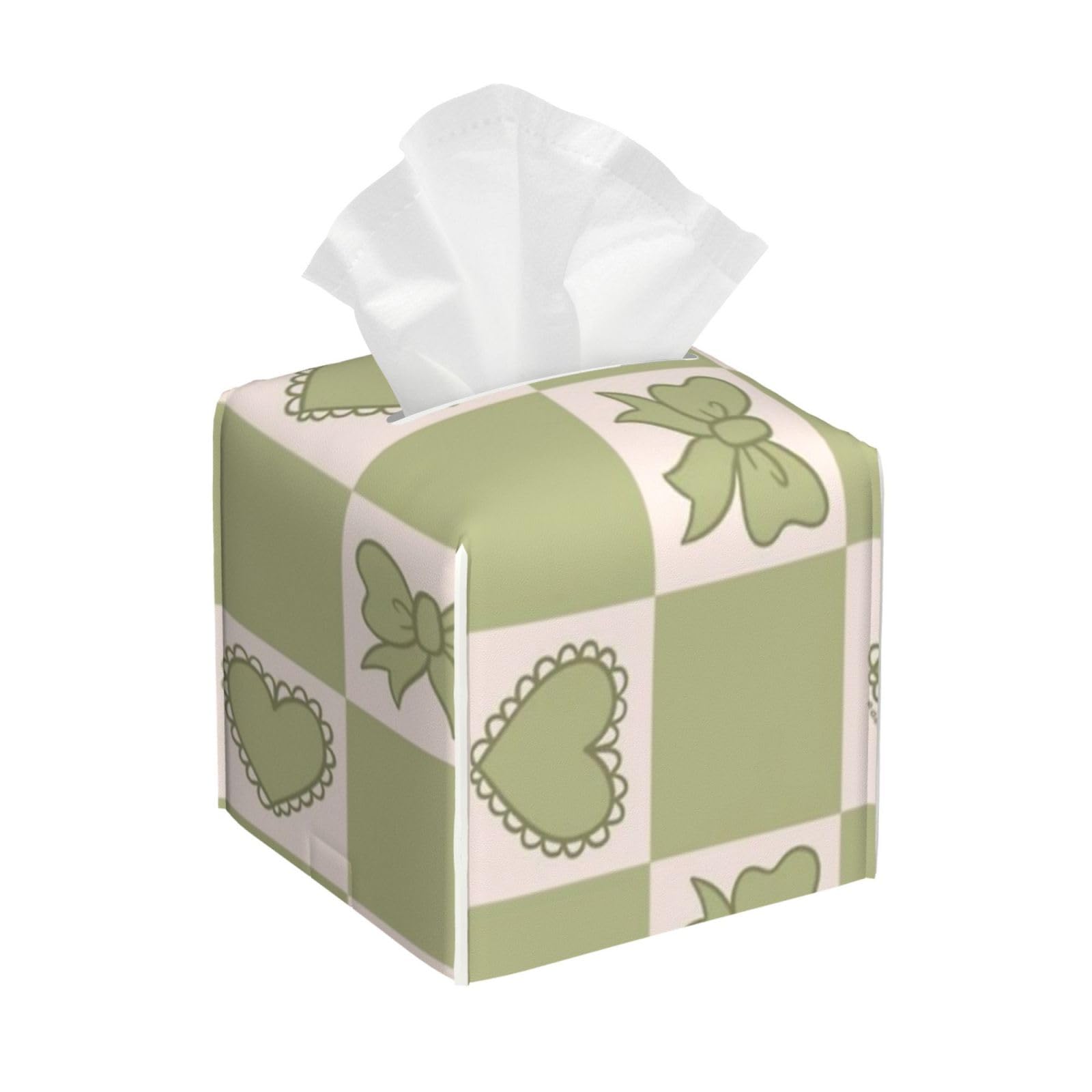 Green Bow Checkered Print Tissue Box Cover 5" Square Leather Tissue Holder Facial Tissue Case for Tabletop Bedroom Bathroom Desk Decor