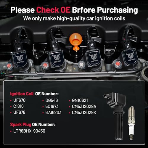 Image of BDFHYK Ignition Coil Pack UF670 and Iridium Spark Plugs LTR6BHX Compatible with Ford Edge Escape Explorer Focus Fusion Mustang Lincoln MKC MKT MKZ Jaguar XF Land Rover LR2 2.0L 2.3L L4 EV Set of 4