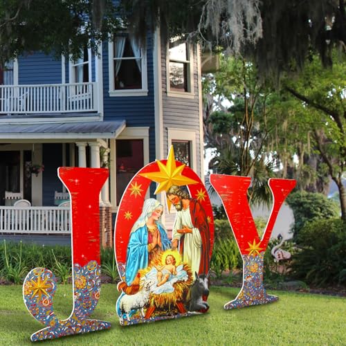 Cinnvoice 3 Pcs PVC Christmas Joy Outdoor Nativity Scene Set 4.8ft Long Xmas Joy Yard Sign with Stakes Large Religious Yard Decor Rustic Holy Jesus Birth Manger Scene for Xmas Home Lawn Decor by Cinnvoice - Image 5