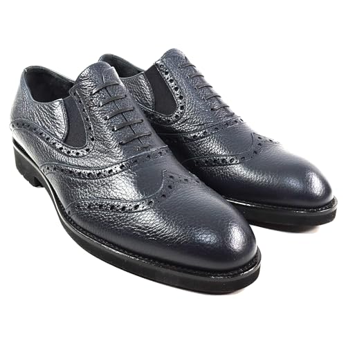 Men's Leather Wingtip Oxford Shoes, Navy Blue, Brogue Design, Comfort Sole, US 102