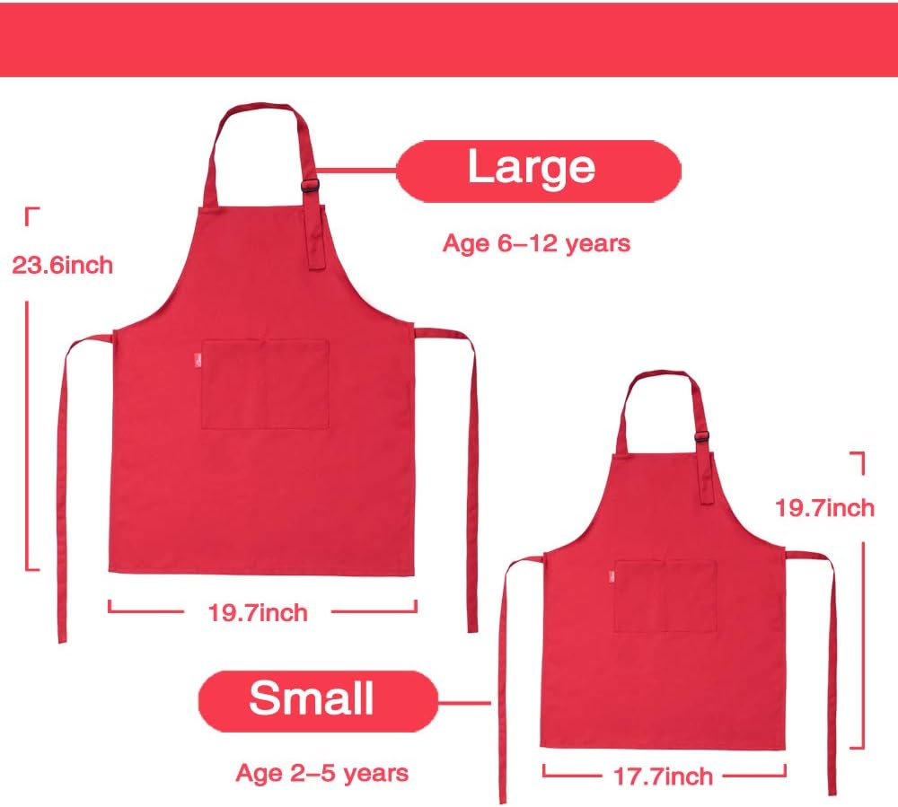 Kids Apron and Chef Hat Set, Children's Adjustable Bib Apron with 2 Pockets. Cute Boys Girls Kitchen Apron for Cooking, Baking, Painting, Training Wear (2-5 Year, Red) - Image 4