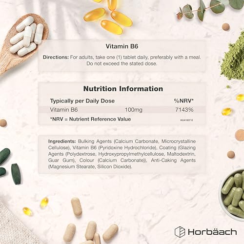 Vitamin B6 High Strength 100mg | 180 Tablets (6 Months Supply) | Vitamin B6 as Pyridoxine HCI | One-a-Day Formula Suitable for Vegans | by Horbaach - Image 2