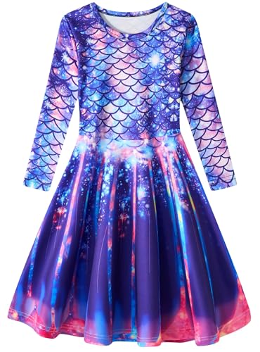 Dancinova Kleid Mädchen Meerjungfrau Mädchenkleid Bunte Party Kleid Langarm Kleid Kinderkleid 6-7 Jahre, M