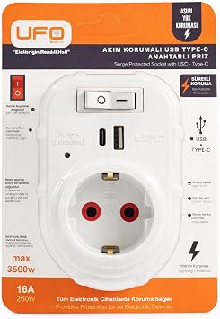 UFO Yeni Tekli Akım Korumalı Priz, 5V 2,4A USB ve Type-C ile Hızlı Şarj, Anahtarlı Topraklı Priz, Sürekli Koruma, 16 A 250 V, Max 3500 W Aşırı Yük Koruması (Beyaz)
