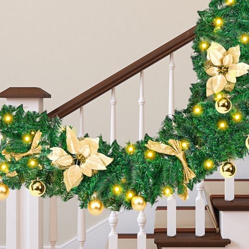 9FT Christmas Garland, Fireplace Garland Christmas with Lights Stair