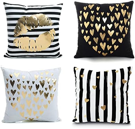 Monkeysell Bronzing Flannelette Home Throw Pillow Cover Lips Love Black Striped White Print Gold Black Room Decor Throw Pillows Cover for Couch Bed Sofa Christmas Gift18 inches
