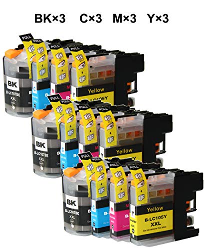 (Pack Of 12) Green Toner Supply Compatible Replacement For Brother Lc107 Lc105 Ink Cartridge Lc 107 105 (Lc107Bk Lc105 Cym, 3B/3C/3Y/3M) Work For Mfc-J4310Dw Mfc-J4410Dw Mfc-J4510Dw Mfc-4610Dw Printer #TOP1