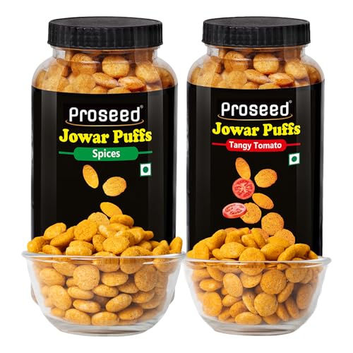 Image of Proseed Jowar Puffs (Spices & Tangy Tomato) | 150g x 2 Packs (Total 300g) | Slow Roasted & 100% Veg | No Refined Flour, Sugar & Trans-Fat | Gluten Free | No Palm Oil | Healthy Millet Snacks