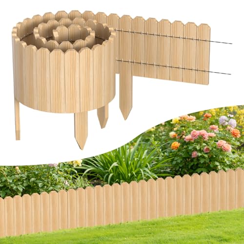 Monucep Beeteinfassung Holz 10 x 200 cm Flexible Rasenkante aus Holz für Garten Blumenbeete und Rasenflächen Mähkante Rollborder Steckzaun für Blumenbeete Natur Höhe 10 cm