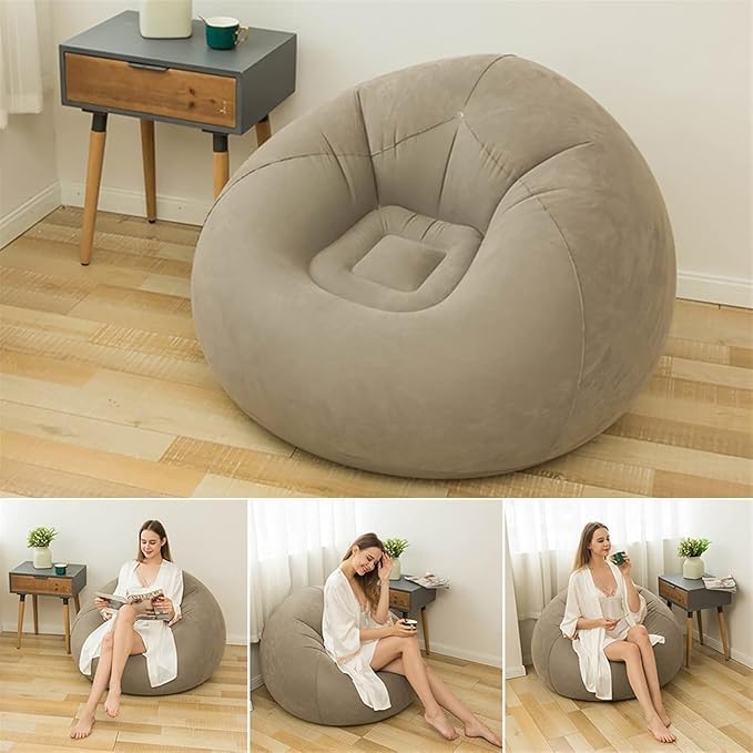 Inflatable Bean Bag Chair, Portable Indoor Outdoor Lounge Sofa, Soft Foldable Spherical Design, Quick Inflate Grey Couch for Living Room, Dorm, Travel, Picnic-picture-29