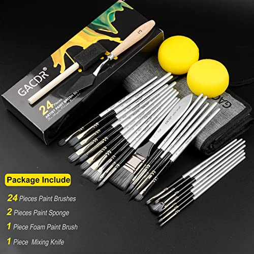 Gacdr Acrylic Paint Brush Set, 24 Pieces Paint Brushes For Acrylic Painting With Cloth Roll Case And 2 Sponges, Pinceles Para Acrilico For Oil Watercolor Gouache… #TOP3