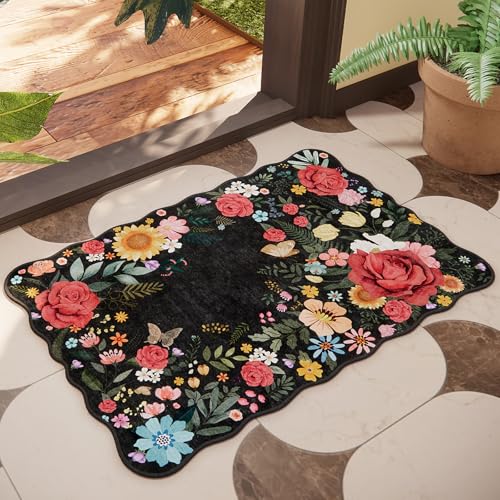 NoiFamo Washable Entryway Small Area Rugs: Door Mat Indoor Entrance 2x3 Floral Rug Ultra Thin Stain Resistant Non Slip Low Pile Lightweight Carpet for Kitchen, Front Door, Small Spaces Decor (Black)