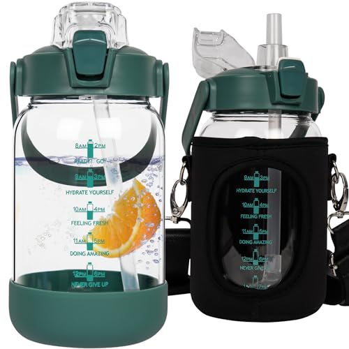 Seekua 1 litro Borraccia Vetro con Cannuccia, 1l Grande Sportivo Bottiglia Vetro Motivazionale con Tempo Per Sport, Smoothie