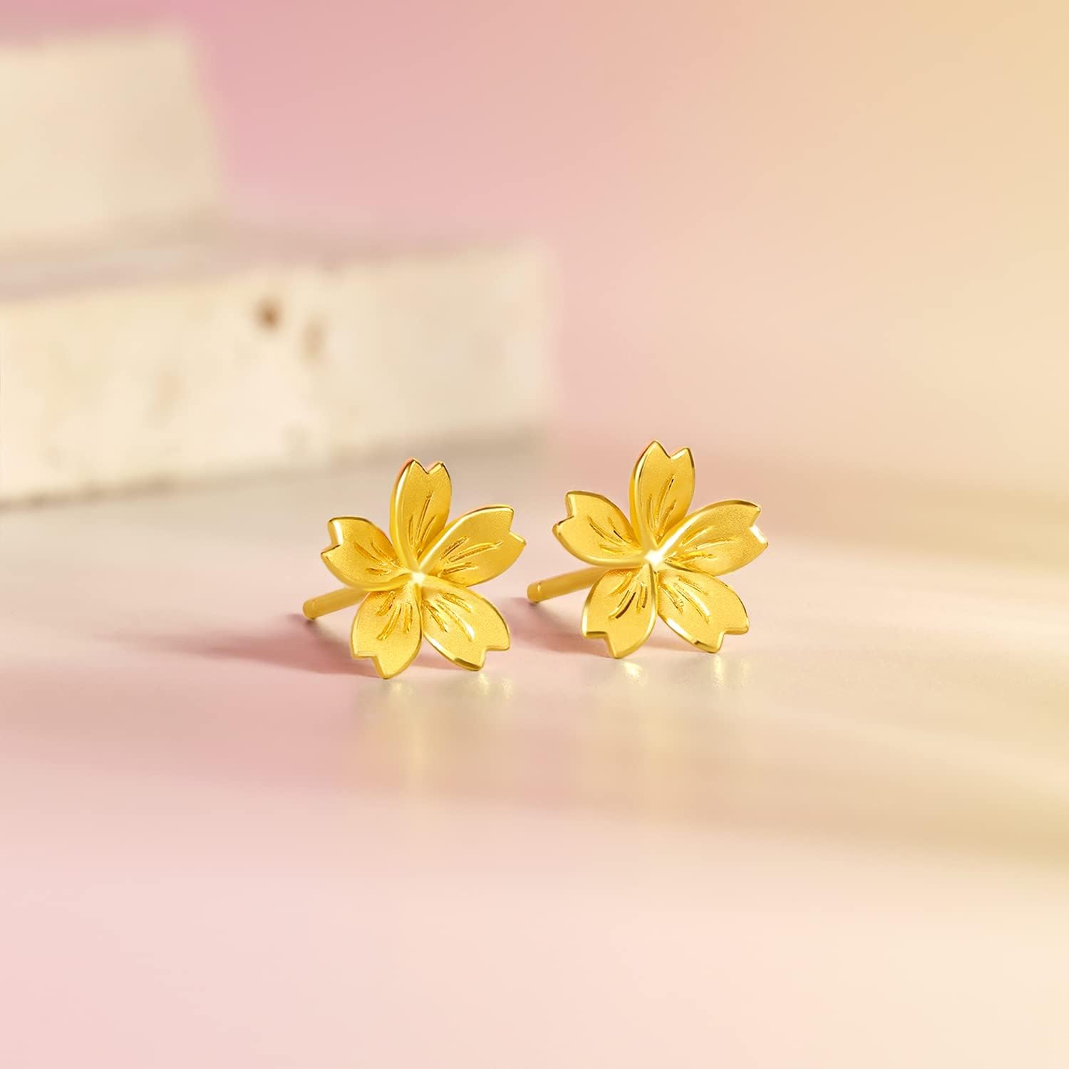 ZHOU LIU FU 24K Gold Earrings for Women Flower Stud Earring Hypoallergenic Small Studs Statement Trendy Floral Jewelry Lightweight Cute Dainty Fashion Tiny 999 Solid Gold Gift Mom