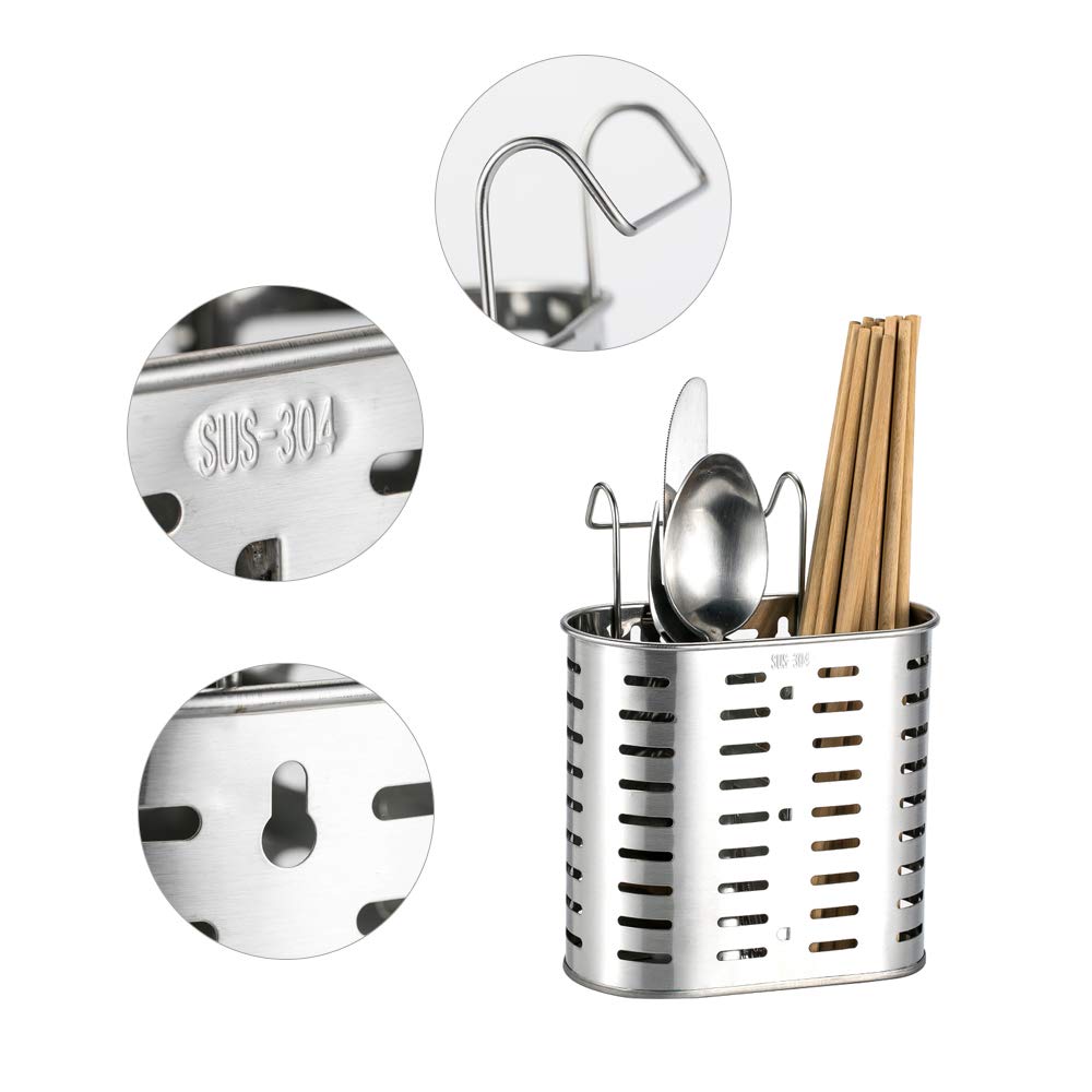 Decdeal Porta Posate in Acciaio Inox Cromato con 2 Scomparti,Utensili da Cucina Asciugatura con Cremagliera,Drenante Rack Metallo di Appeso con Ganci