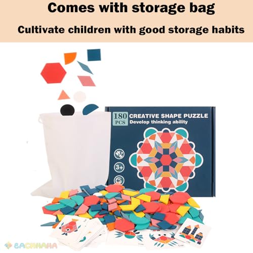 EACHHAHA Montessori Puzzle in Legno di 180 Forma Geometrica -Tangram Toy Card Divertente Giocattolo educativo - Ci Sono 180 Pezzi Geometriche e 24 carte di apprendimento-per 3 4 5 6 Anni Bambini