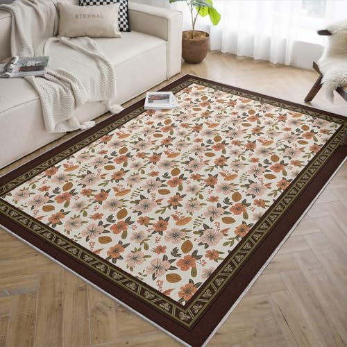 Tapis d’entrée floraux crème 140x200cm lavable à bordure brune