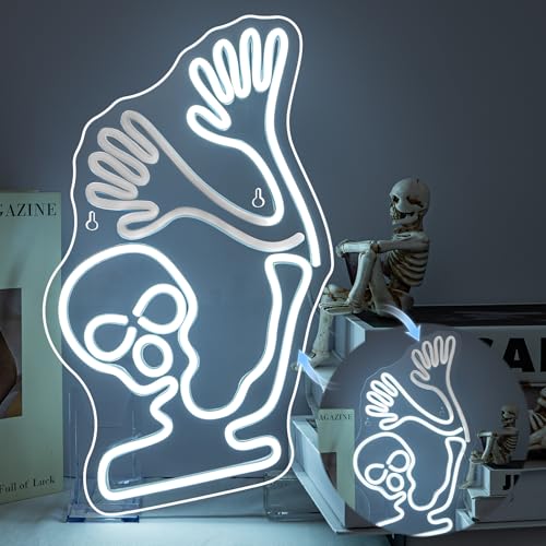 Image of Skeleton Skull Neon Sign White Halloween Waving Ghost Led Flicker Light Up Signs for Wall Decor Usb Powered Fun Lamp Neon Light Sign for Bedroom Beer Bar Man Cave Decor Birthday Halloween Party Gifts