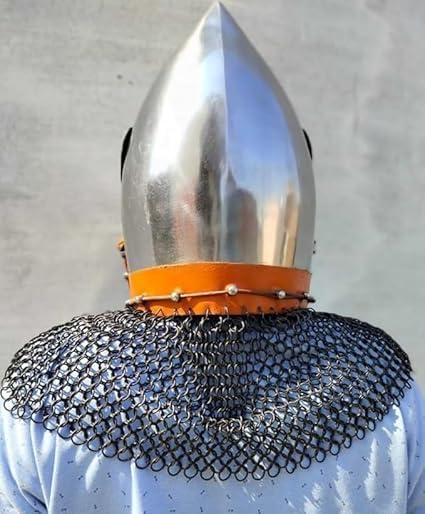 Medieval Knight Helmet with Chainmail, 18 Gauge Steel, Silver Polish Finish, LARP Costume Armor