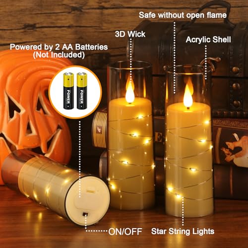 Image of Flameless Candles with Remote Timer, Embedded String Lights, Battery Operated LED Pillar Candles, Unbreakable Plexiglass, Set of 3, Black, 2.3 inch x 6 inch