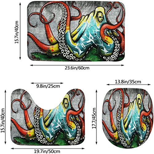 Badezimmerteppich-Set, 3-teilig, Oktopus, Vintage-Meerestier, Hip-Hop-Straße, farbige Malerei, waschbare Badteppiche, rutschfest, mit Rückenpolster, Konturteppich und Toilettendeckelbezug – Bild 3