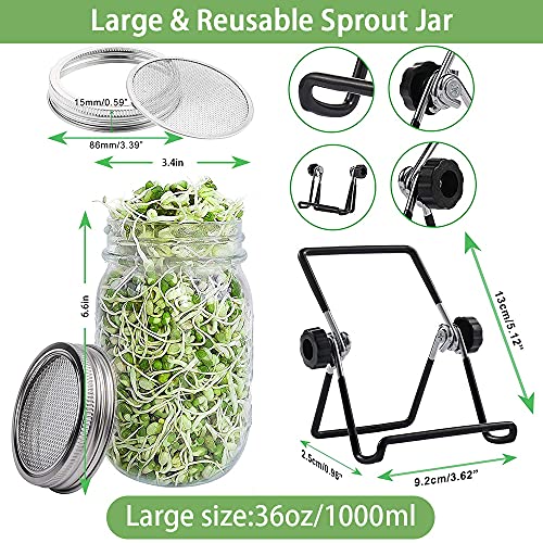 Sprossenglas Keimglas Set, 2 Mason Jars 36oz mit Siebdeckeln aus Edelstahl, Tablett und Ständer, Samenzuchtset für Bohnensprossen, Brokkolisamen, Luzerne, Salat in der Küche, 1000 ml - Image 6