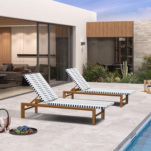 PURPLE LEAF Oversized Pool Lounge Chairs Set of 2 French Outdoor Chaise Lounge Chair Wicker Lounger Bamboo Aluminum Frame PE Rattan Adjustable Backrest for Poolside Patio Deck, Navy Blue and White