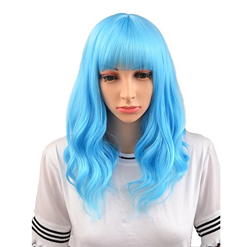 BERON 16" Women Girls Short Curly Wavy Wig with Flat Bangs Rose Net