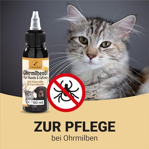 Canifee - Ohrentropfen für Hunde und Katzen, Ohrenmilbenöl mit Manuka-Öl bei Hefepilz und Ohrmilben, 60ml Flasche mit fein einstellbarem Dosierkopf, natürliches Pflegeöl gegen Entzündungen