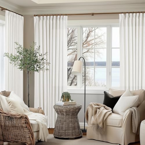 Image of 90 Inches Long Linen Curtains 60 Inch Width Pinch Pleated 90 Inch Length for Living Room Bedroom Ivory Off White Semi Sheer Back Tab Hooks Rings Pinch Pleat Curtains for Patio Glass Door 1 Panel