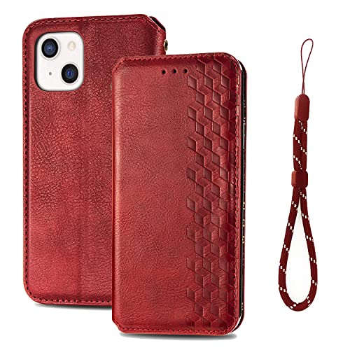 FOR iphone 13 6.1 用のケース 手帳型 カバー ストラップ付き 高級PUレザー 耐衝撃 磁気吸着 FOR iphone 13 6.1 用のスマホケース 高級品質 手帳型 スマホケース カバー 携帯ケース case カード カバー スマホケース レザー FOR iphone 13 6.1 用の財布型 ケース 横開き カード収納 レザー マグネット スタンド機能 軽量 薄型 PCduoduo (iphone 13 6.1, レッド)