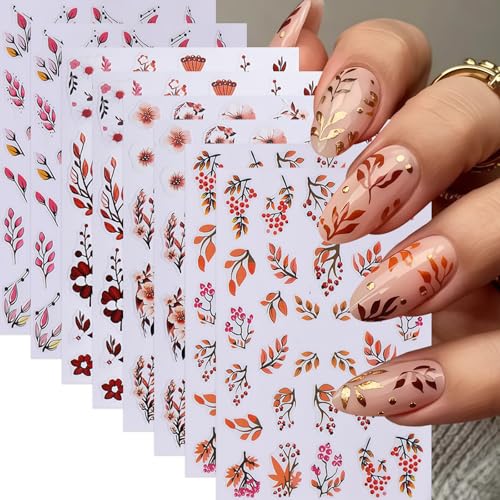 8 Sheets Fall Nails Stickers Brown Leaves Nails Sticker Brown Flo...