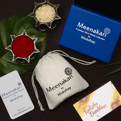 Image of Meenakari Pure 925 Sterling Silver Small Ganesha Coin with Rudraksha Rakhi set with Roli Chawal and Rakshabandhan Greeting Card For Brother /Boys /Men /Unisex