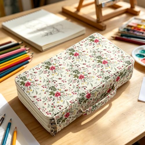 Image of YOUNGCOL 200 Slots Colored Pencil Case Color Pencil Organizer Storage Large Capacity Pencil Case (White + Floral, 300 Capacity)
