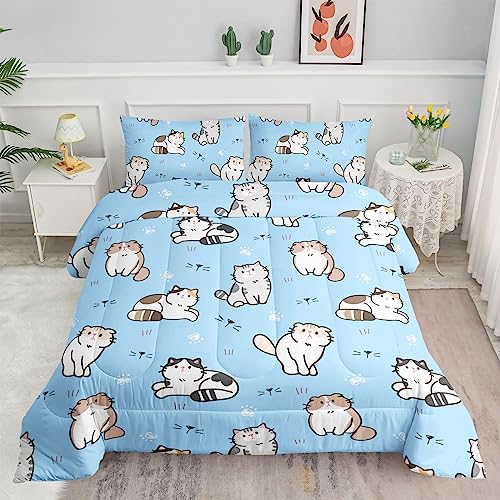 Datura Home Blue Kawaii Cat Bedding Set Twin