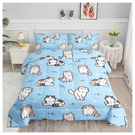Datura home Blue Kawaii Cat Comforter Bedding Set for Girls Lovely Kitten Blue Print Cute Animal Pattern Bedding Set with 1 Comforter and 2 Pillowcases for Girls Bedroom All Season(Cat Blue Twin)