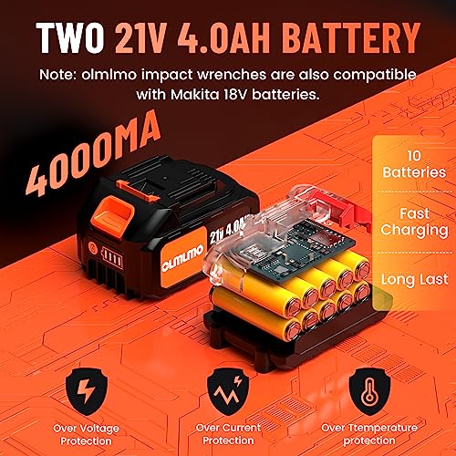 olmlmo Cordless Impact Wrench High Torque 1/2-In 700Ft-lbs（950N.m Brushless Impact Wrench, 21V Electric Impact Wrench w/ 2x 3.0Ah Battery, Fast Charger & 5 Sockets, Power Impact Gun for Car Home - Thumbnail 3