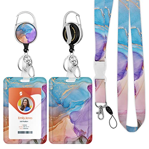 ID Badge Holder with Lanyard,Retractable ID Badge Card Holders Detachable Neck Lanyard Strap with Badge Reel and Vertical ID Holder for Nurse Students Teachers Office Staff(Marble 4)
