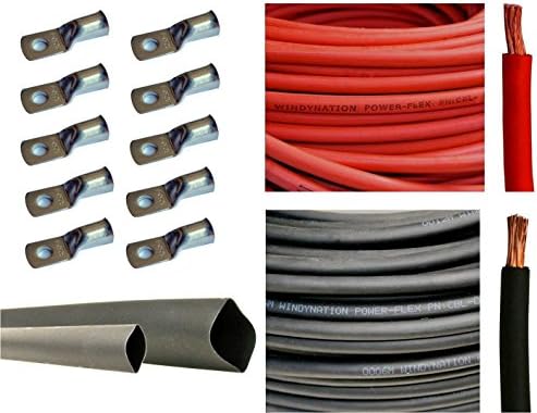 WNI 1/0 AWG 1/0 Gauge 5 Feet Black + 5 Feet Red Battery Welding Pure Copper Ultra Flexible Cable + 5pcs of 5/16" & 5pcs 3/8" Copper Cable Lug Terminal Connectors + 3 Feet Heat Shrink Tubing