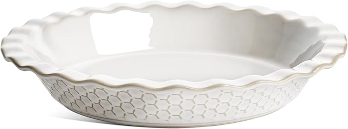 LE TAUCI Pie Pans for Baking 9 Inch, Ceramic Pie Plate for Apple Pie, Round Baking Dish Oven Safe, Embossment Housewarming Wedding Present - 36 OZ, Set of 1, Honey Comb, Arctic White