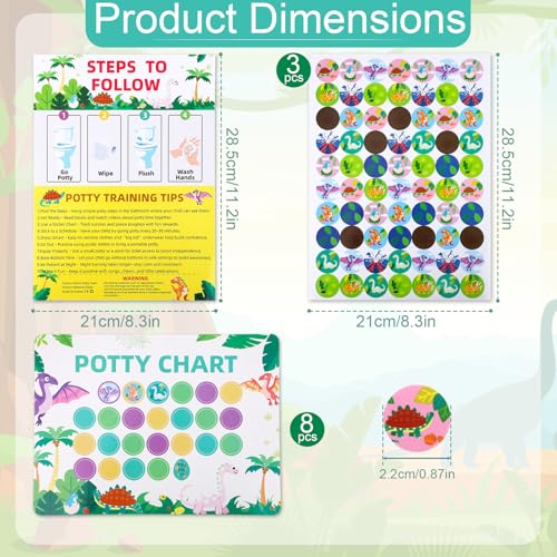 8pcs Potty Training Chart with Reward Stickers, 28.5x21cm/11.2x8.3in Cute Toilet Training Reward Charts for Boys Kids Toddlers Potty Success Motivation (Dinosaur Style)