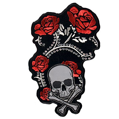 Motorcycle Biker Uniform Patch 4" X 3" Skull And Red Roses Bling