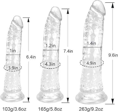 Miniatura 4 de Juego de consolador realista de succión transparente, 3 tamaños (pequeño 6.4 pulgadas, grande 7.4 pulgadas, enorme 9.6 pulgadas) para placer anal y