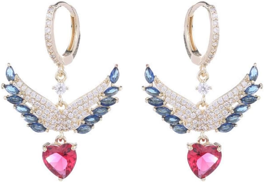 14K Gold Heart-Shaped Ruby Winged Earrings, Romantic Design, Suitable for Special Occasion
