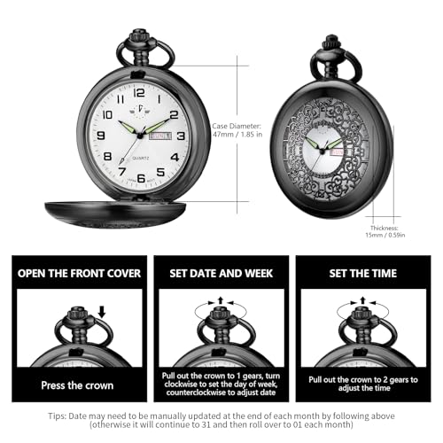 Image of BOSHIYA Smooth Quartz Pocket Watches for Men Classic Arabic Digital Luminous Dial & Day Date Pocket Watch with Chain Christmas Graduation Birthday Gifts